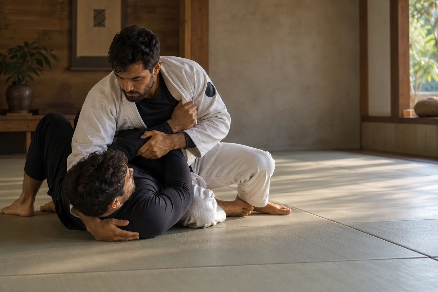 Duas pessoas praticando jiu-jitsu no chão do tatame