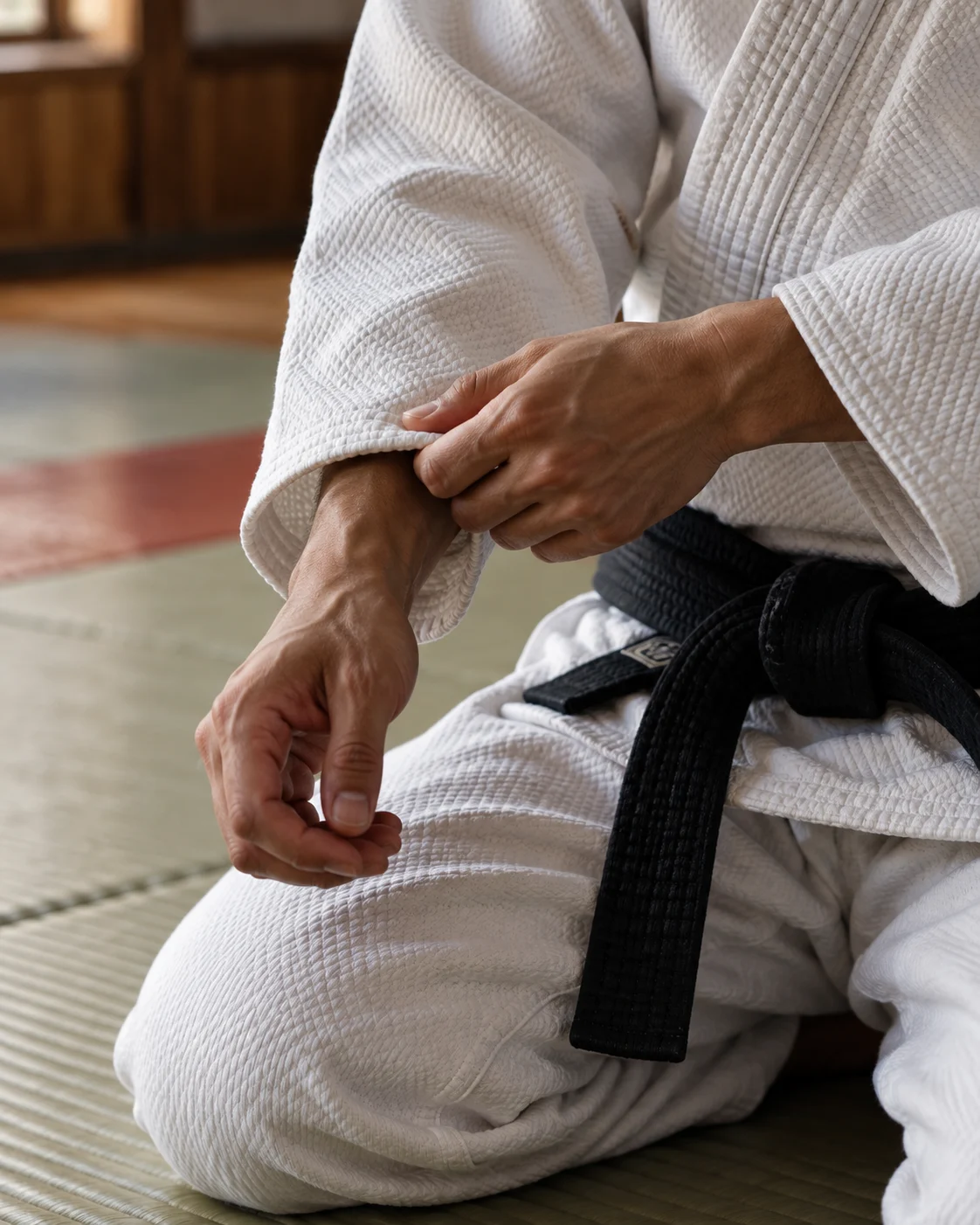 Detalhe de uma pessoa ajustando o judogi antes do treino